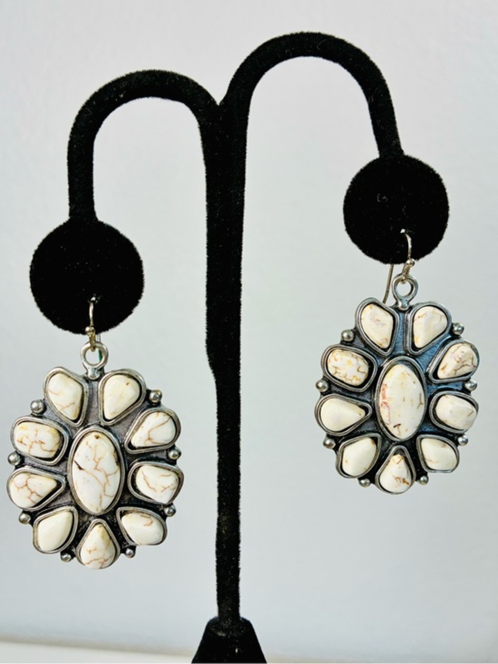 Southwestern Cream White Natural Gemstone Floral Cluster Drop Dangling Earrings